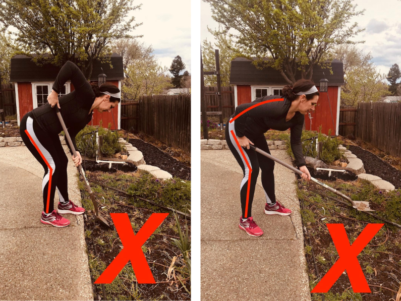 Brigit Lim shows the incorrect way to position your body while shoveling. 