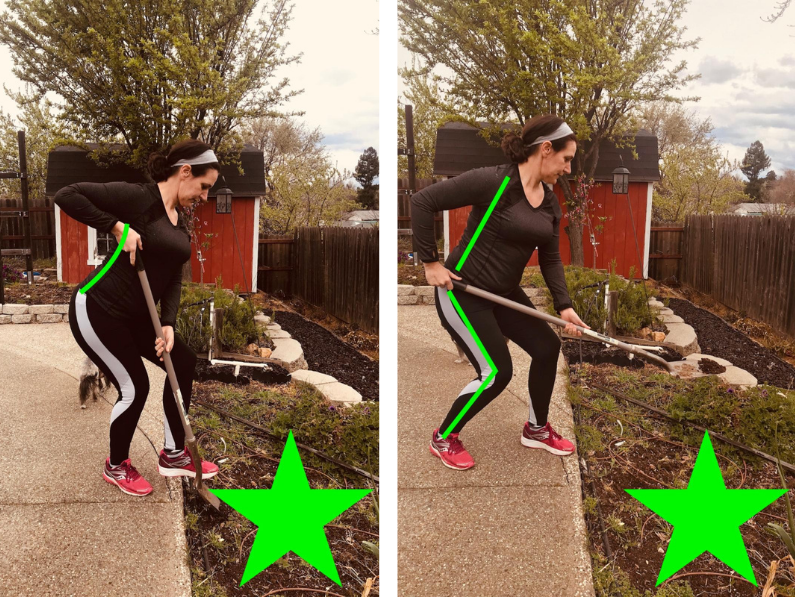 Brigit models the correct way to position your body while shoveling. 