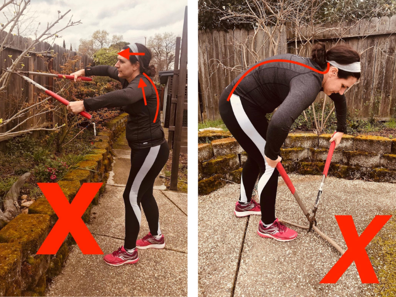 Brigit models the incorrect way to position your body while using hedge clippers. 