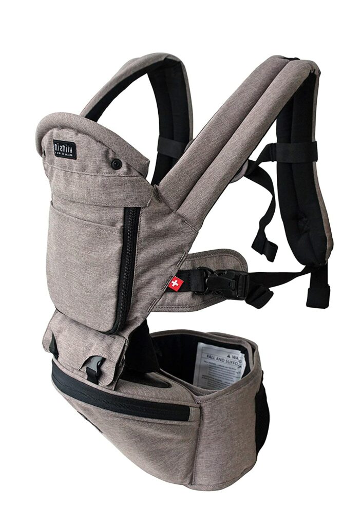 A grey MiaMily Hipster baby carrier with a white background. 