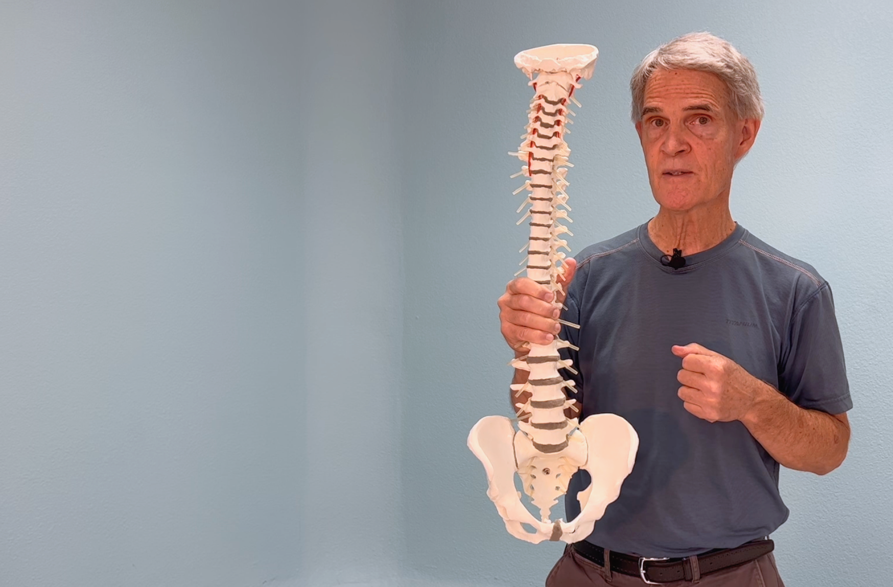 Tim McGonigle holds a spine model.